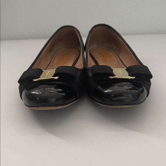 SALVATORE FERRAGAMO Varina Quilted Black Leather Cap Toe Grosgrain Bow Flats 7.5 - Picture 4 of 7